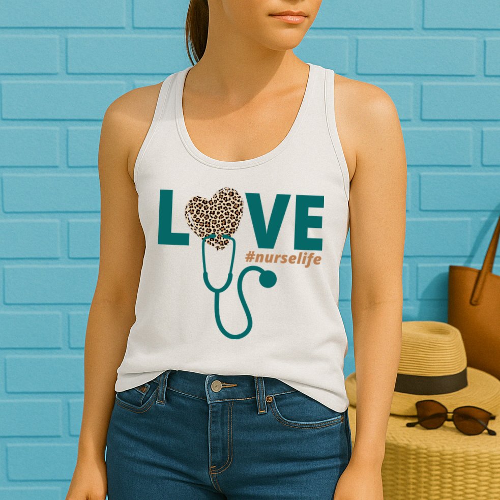 Love Nurse Life Leopard Heart Womens Tank Top