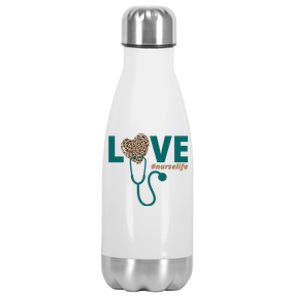 Love Nurse Life Leopard Heart Stainless Steel Insulated Water Bottle