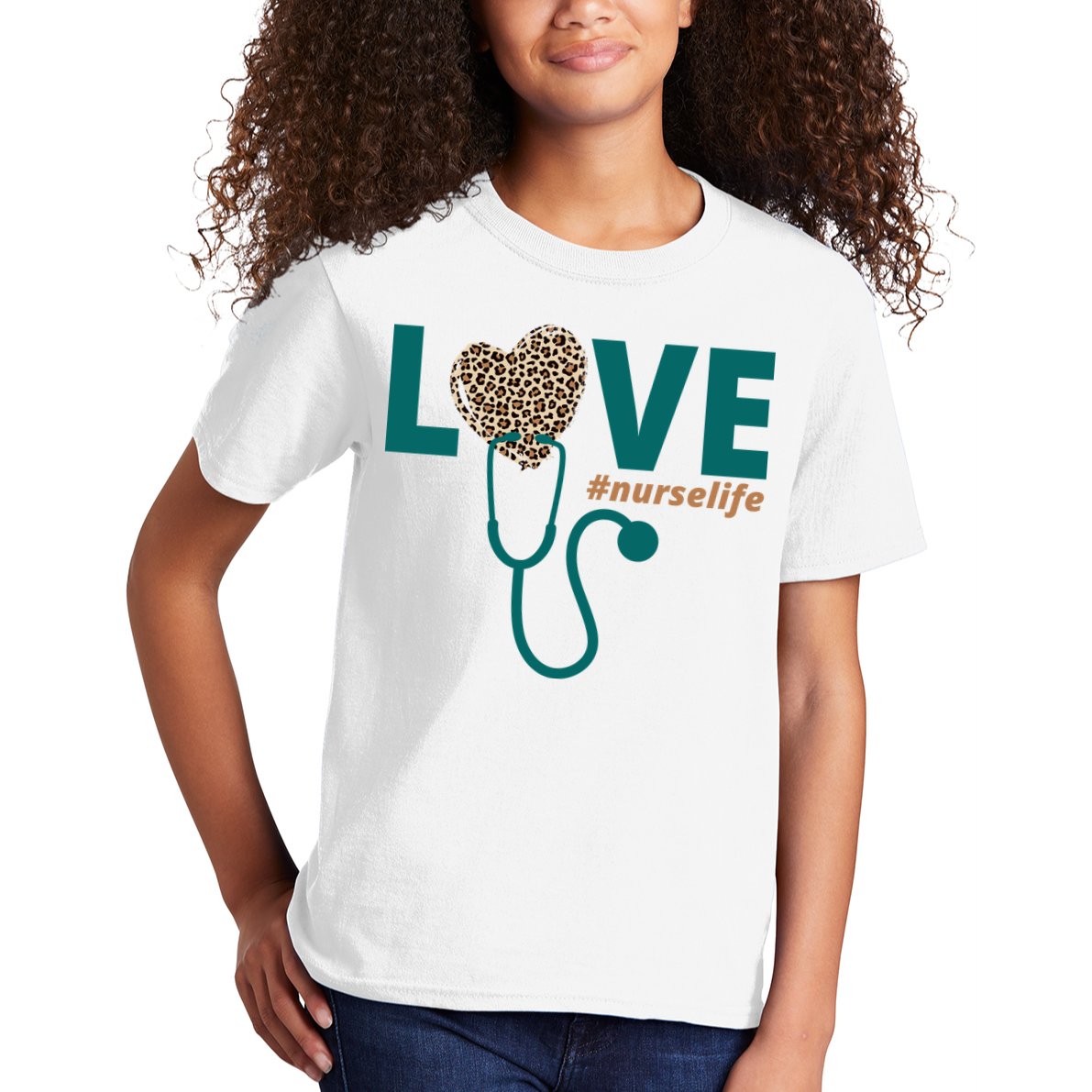 Love Nurse Life Leopard Heart Kids T-Shirt