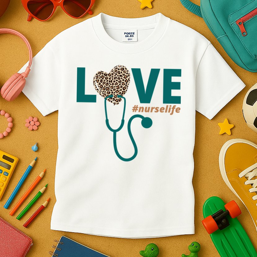 Love Nurse Life Leopard Heart Kids T-Shirt
