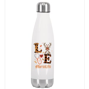 Love Nurse Life Leopard Pumpkin Fall Thanksgiving Halloween Funny Gift Stainless Steel Insulated Water Bottle