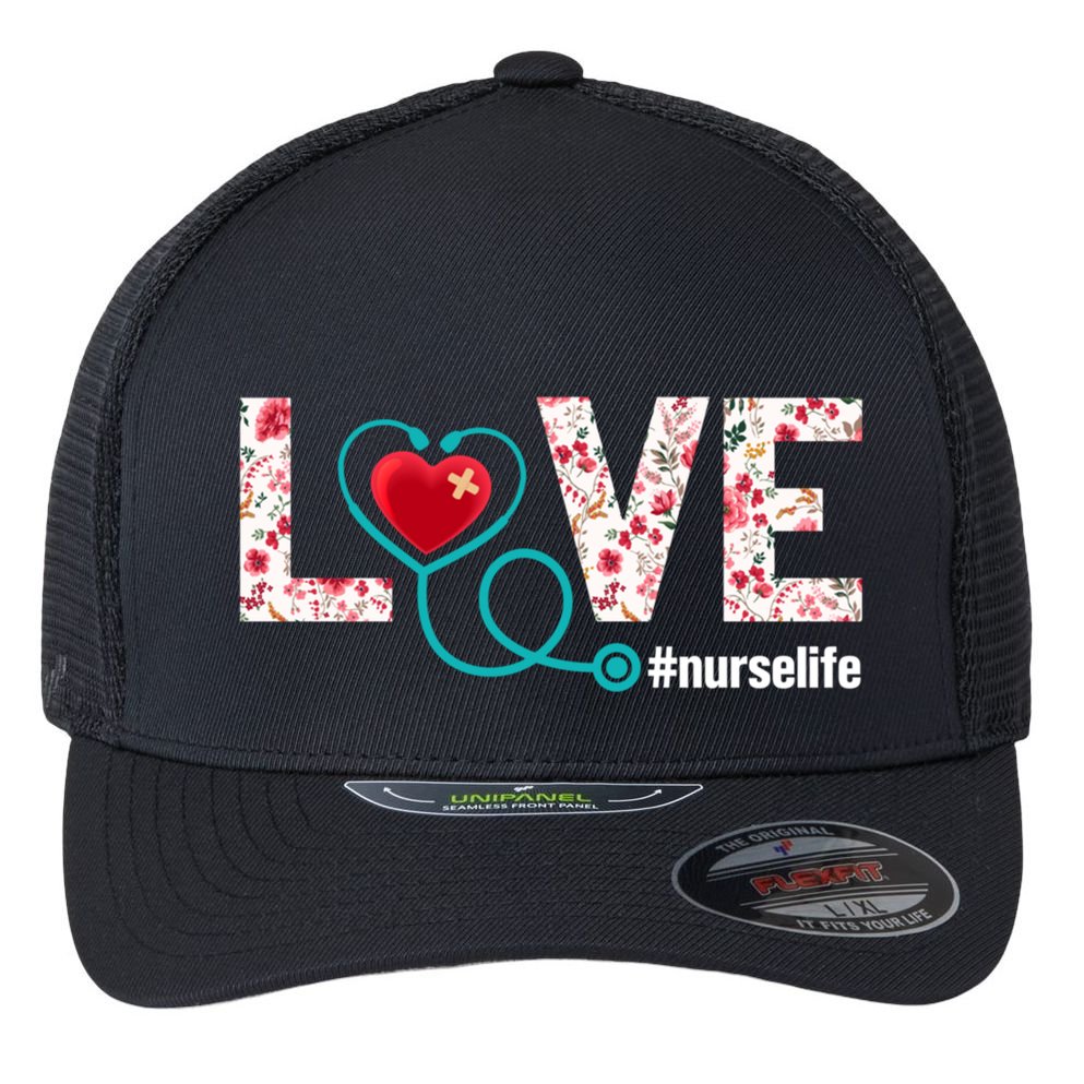 Love Nurse Life Cute Healthcare Leopard Heart Funny Nursing Funny Gift Flexfit Unipanel Trucker Cap