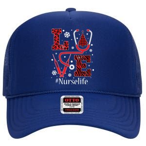 Love Nurse Life Xmas Tree Christmas 2020 Flannel Stethoscope Gift High Crown Mesh Back Trucker Hat