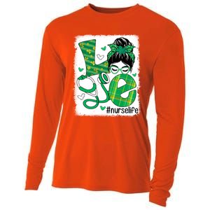 Love Nurse Life Bleached Messy Bun Nurse St Patricks Day Gift Cooling Performance Long Sleeve Crew