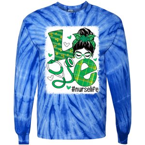 Love Nurse Life Bleached Messy Bun Nurse St Patricks Day Gift Tie-Dye Long Sleeve Shirt