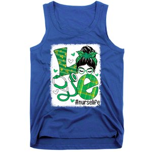 Love Nurse Life Bleached Messy Bun Nurse St Patricks Day Gift Tank Top