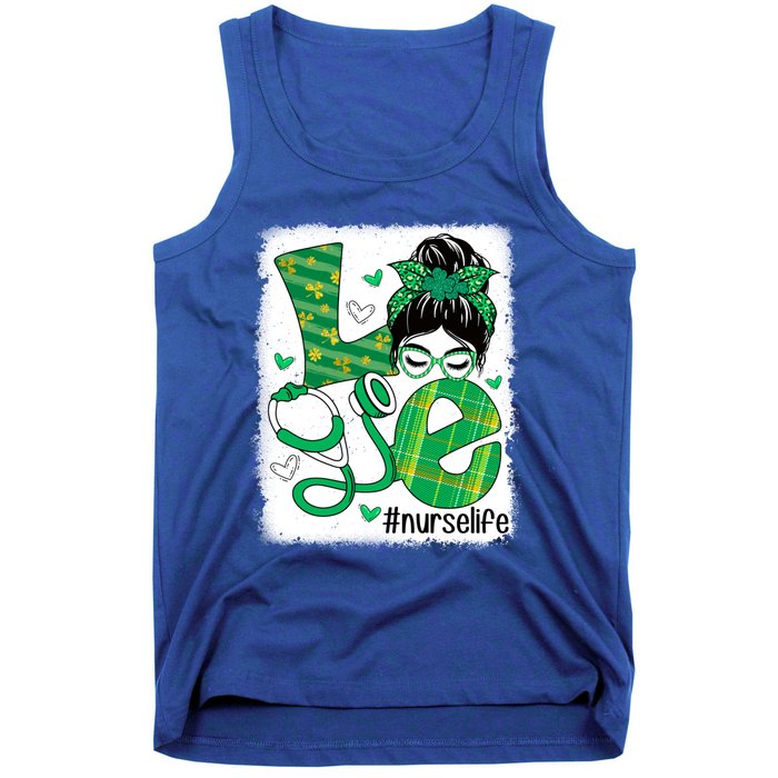 Love Nurse Life Bleached Messy Bun Nurse St Patricks Day Gift Tank Top