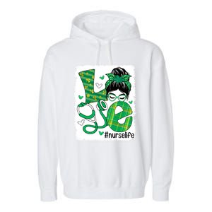 Love Nurse Life Bleached Messy Bun Nurse St Patricks Day Gift Garment-Dyed Fleece Hoodie