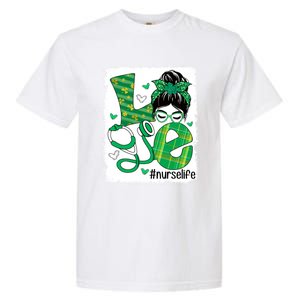 Love Nurse Life Bleached Messy Bun Nurse St Patricks Day Gift Garment-Dyed Heavyweight T-Shirt