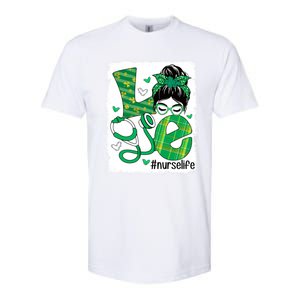 Love Nurse Life Bleached Messy Bun Nurse St Patricks Day Gift Softstyle CVC T-Shirt