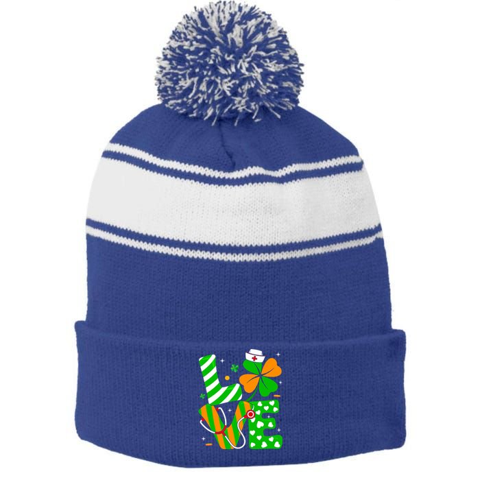 Love Nurse Life Funny Irish Nurse St Patrick's Day Shamrock Gift Stripe Pom Pom Beanie