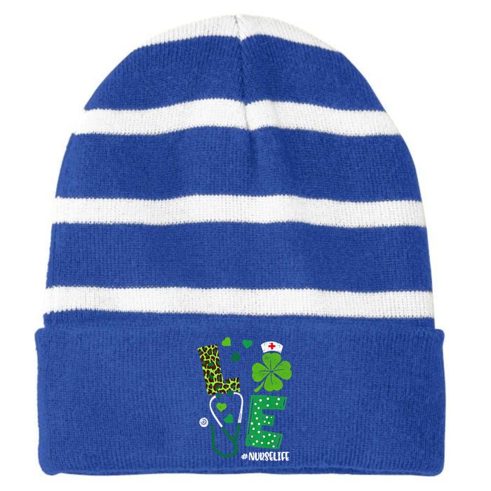 Love Nurse Life Stethoscope Shamrock Irish Nurse Patrick Day Gift Striped Beanie with Solid Band