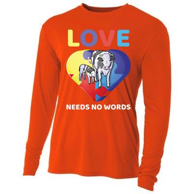 Love Needs No Words Autism Awareness Cow Mom Farmer Gift Cooling Performance Long Sleeve Crew