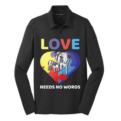 Love Needs No Words Autism Awareness Cow Mom Farmer Gift Silk Touch Performance Long Sleeve Polo