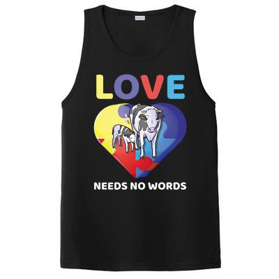 Love Needs No Words Autism Awareness Cow Mom Farmer Gift PosiCharge Competitor Tank