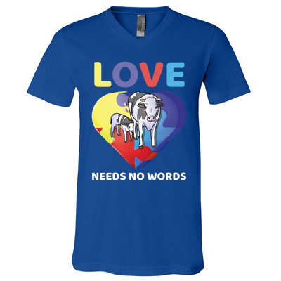 Love Needs No Words Autism Awareness Cow Mom Farmer Gift V-Neck T-Shirt