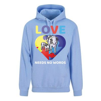 Love Needs No Words Autism Awareness Cow Mom Farmer Gift Unisex Surf Hoodie