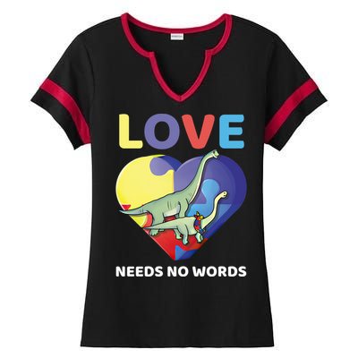 Love Needs No Words Autism Awareness Dinosaur Brontosaurus Funny Gift Ladies Halftime Notch Neck Tee