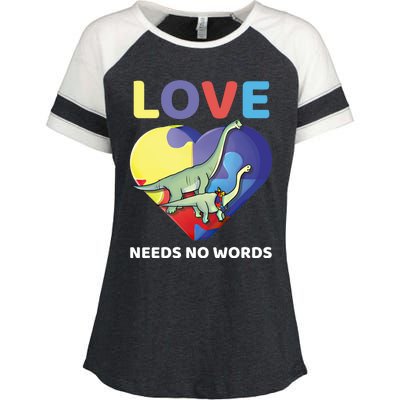 Love Needs No Words Autism Awareness Dinosaur Brontosaurus Funny Gift Enza Ladies Jersey Colorblock Tee