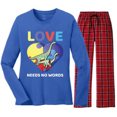 Love Needs No Words Autism Awareness Dinosaur Brontosaurus Funny Gift Women's Long Sleeve Flannel Pajama Set 