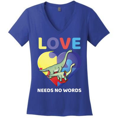 Love Needs No Words Autism Awareness Dinosaur Brontosaurus Funny Gift Women's V-Neck T-Shirt