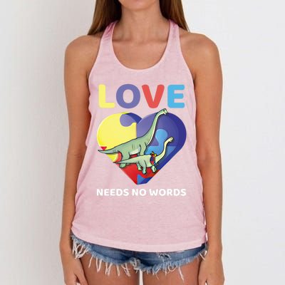 Love Needs No Words Autism Awareness Dinosaur Brontosaurus Funny Gift Women's Knotted Racerback Tank