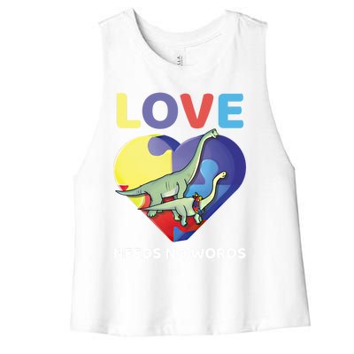 Love Needs No Words Autism Awareness Dinosaur Brontosaurus Funny Gift Women's Racerback Cropped Tank