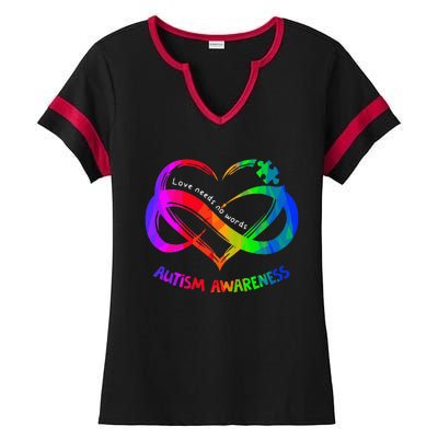 Love Needs No Word Autism Awareness  Teachers Ladies Halftime Notch Neck Tee