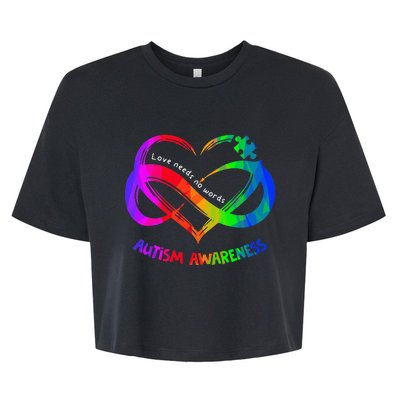 Love Needs No Word Autism Awareness  Teachers Bella+Canvas Jersey Crop Tee