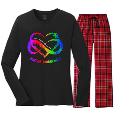 Love Needs No Word Autism Awareness  Teachers Women's Long Sleeve Flannel Pajama Set 