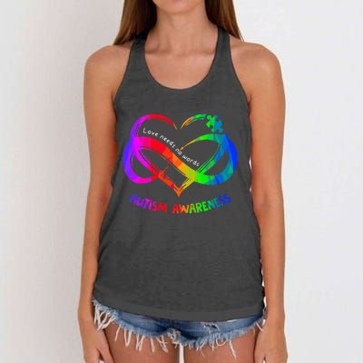 Love Needs No Word Autism Awareness  Teachers Women's Knotted Racerback Tank