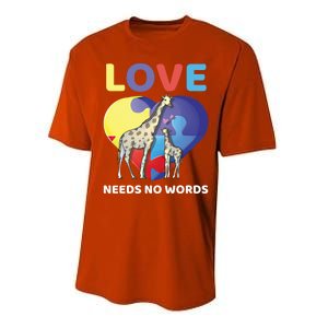 Love Needs No Words Autism Awareness Giraffe Gift Cute Cool Gift Performance Sprint T-Shirt