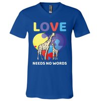 Love Needs No Words Autism Awareness Giraffe Gift Cute Cool Gift V-Neck T-Shirt