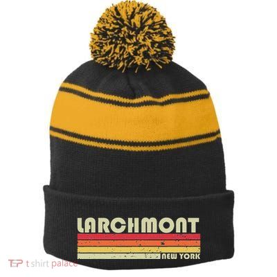 Larchmont Ny New York Funny City Home Roots Gift Retro 80s Stripe Pom Pom Beanie