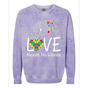 Love Needs No Words Autism Awareness Heart Puzzle Dandelion Gift Colorblast Crewneck Sweatshirt