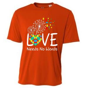 Love Needs No Words Autism Awareness Heart Puzzle Dandelion Gift Cooling Performance Crew T-Shirt