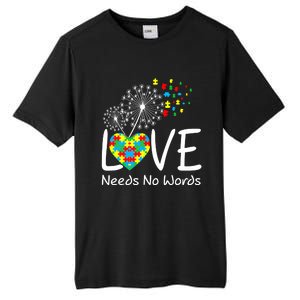 Love Needs No Words Autism Awareness Heart Puzzle Dandelion Gift Tall Fusion ChromaSoft Performance T-Shirt