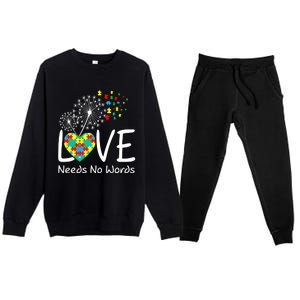 Love Needs No Words Autism Awareness Heart Puzzle Dandelion Gift Premium Crewneck Sweatsuit Set