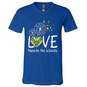 Love Needs No Words Autism Awareness Heart Puzzle Dandelion Gift V-Neck T-Shirt