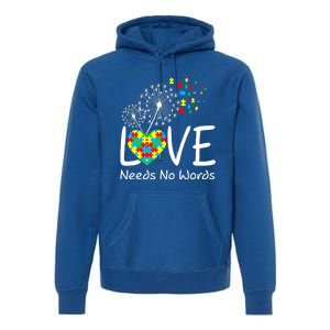 Love Needs No Words Autism Awareness Heart Puzzle Dandelion Gift Premium Hoodie