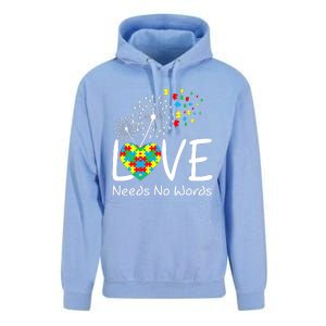 Love Needs No Words Autism Awareness Heart Puzzle Dandelion Gift Unisex Surf Hoodie