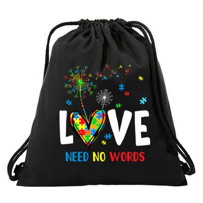 Love Needs No Words Autism Awareness Heart Puzzle Dandelion Funny Gift Drawstring Bag
