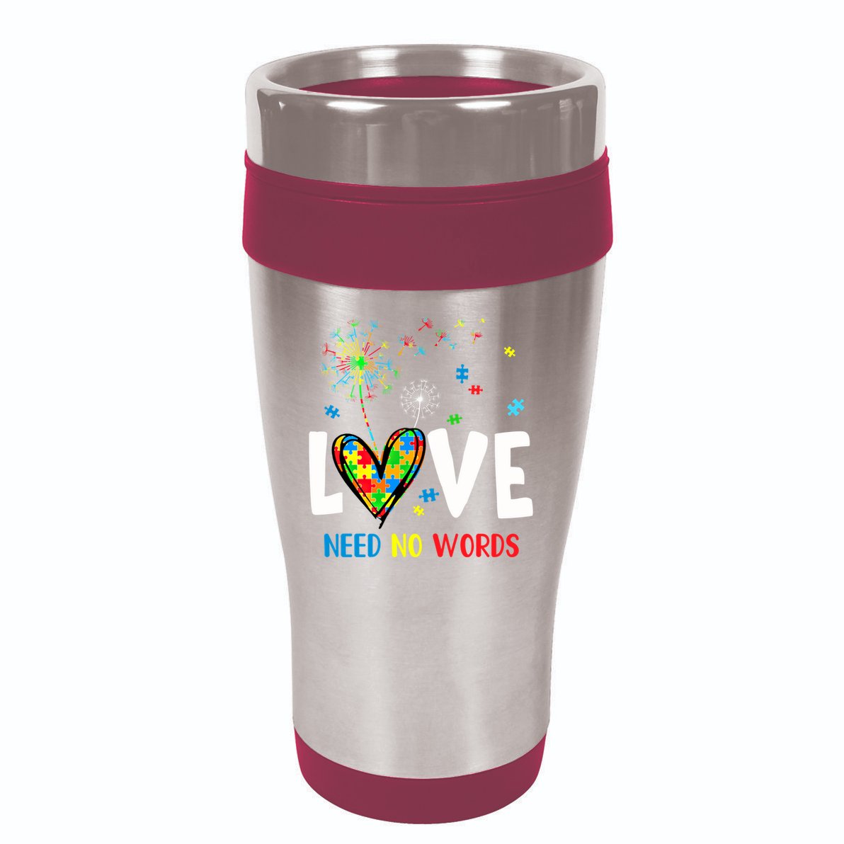 Love Needs No Words Autism Awareness Heart Puzzle Dandelion Funny Gift 16oz Travel Tumbler