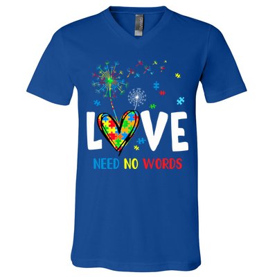 Love Needs No Words Autism Awareness Heart Puzzle Dandelion Funny Gift V-Neck T-Shirt