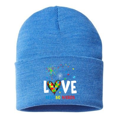Love Needs No Words Autism Awareness Heart Puzzle Dandelion Funny Gift Sustainable Knit Beanie