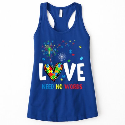 Love Needs No Words Autism Awareness Heart Puzzle Dandelion Funny Gift Womens Tank Top