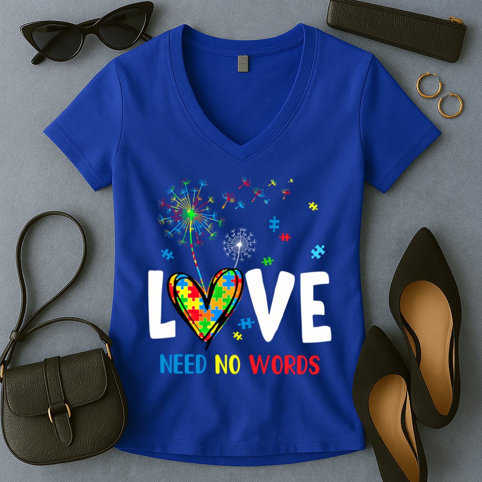 Love Needs No Words Autism Awareness Heart Puzzle Dandelion Funny Gift Women's V-Neck T-Shirt