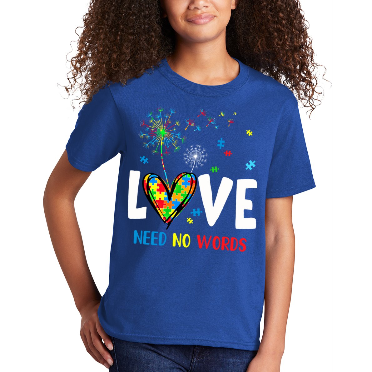 Love Needs No Words Autism Awareness Heart Puzzle Dandelion Funny Gift Kids T-Shirt