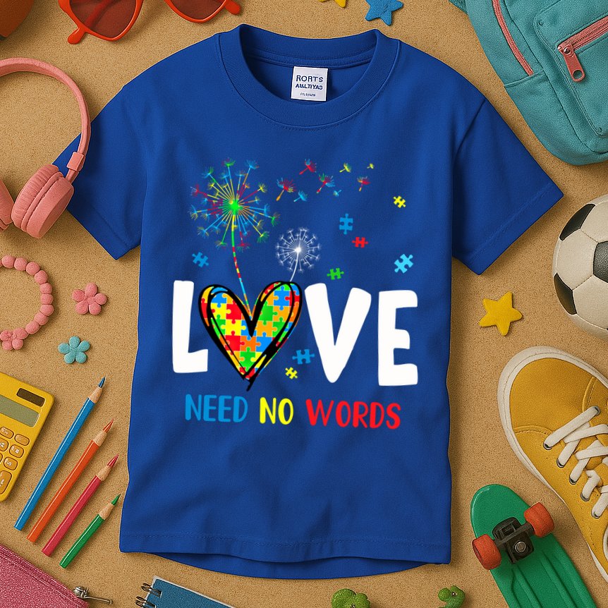 Love Needs No Words Autism Awareness Heart Puzzle Dandelion Funny Gift Kids T-Shirt