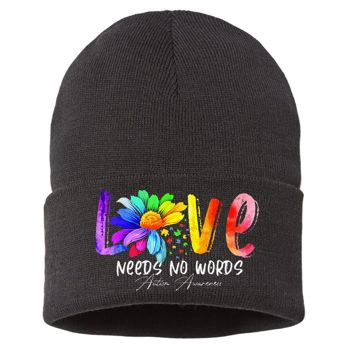 Love Needs No Words Autism Awareness Gift Women Sustainable Knit Beanie